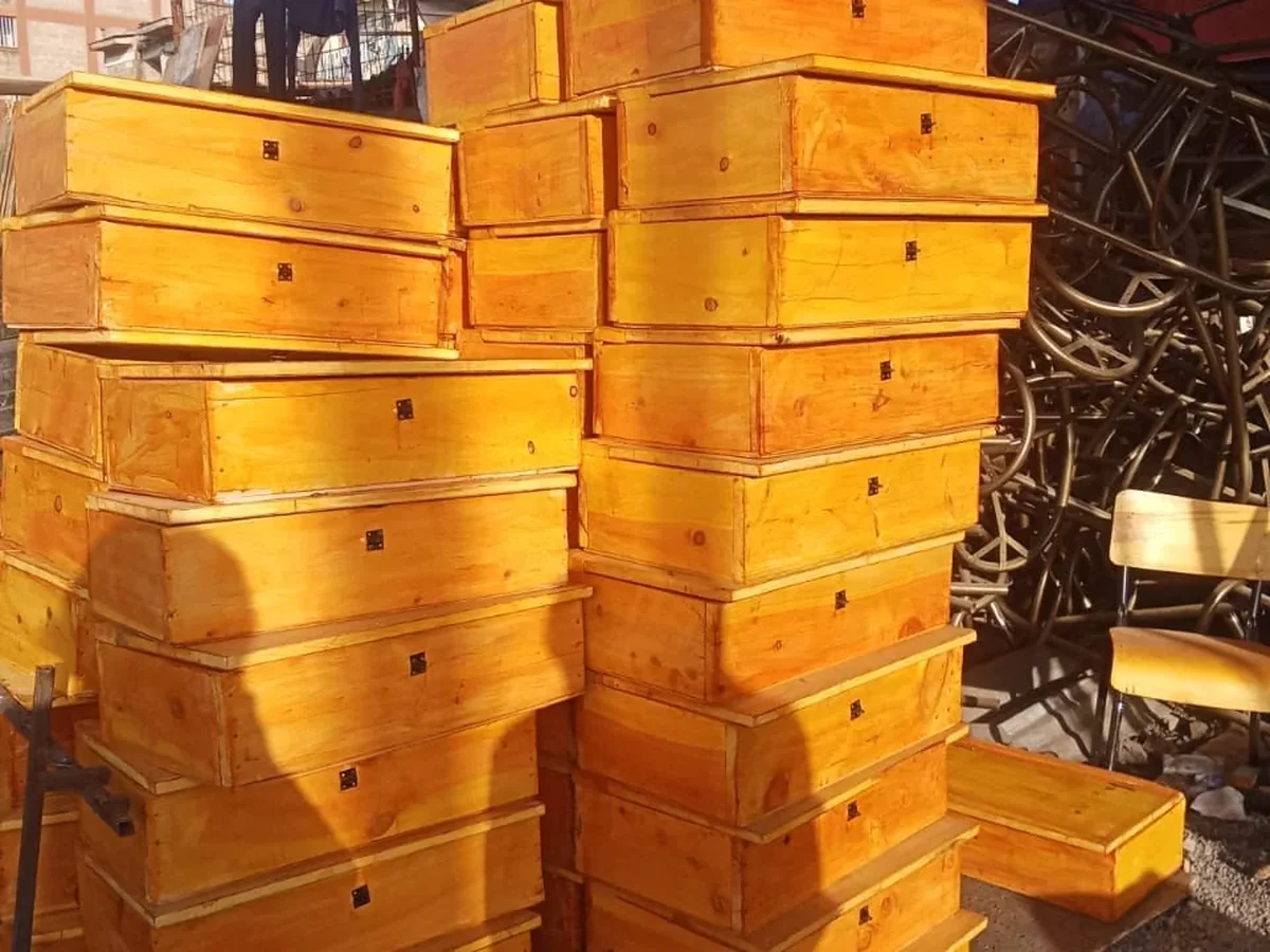 Stacks of polished wooden storage chests in golden-hour light at the workshop yard